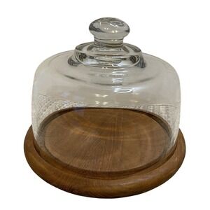 Glass Cloche Dome Display Cover with Wood Base Serving Cheese‎ Dessert Plate